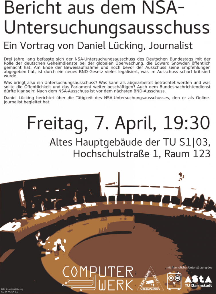 Werbeplakat für den Vortrag zum NSA-Untersuchungsausschuss